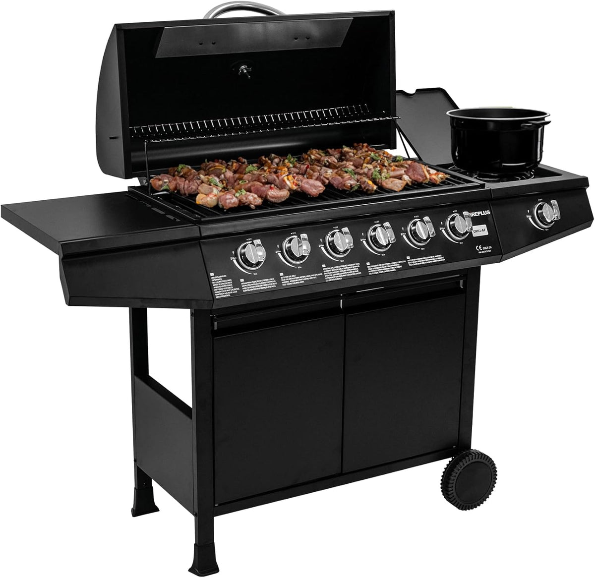 Grill gazowy Fireplus 6+1, 12,9 kW – stal nierdzewna czarna – grill z kółkami, model GRILL-6F – grill XXL z wózkiem i termometrem – 138 x 52 x 103 cm – 7 palników i tacka boczna(6+1)